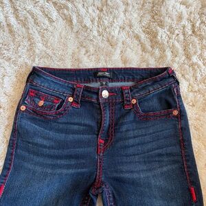 True Religion High Rise Jeans in Dark Blue with Red Accents